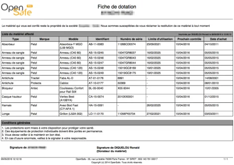 Exemple de fiche de dotation automatisée pour remise des EPI