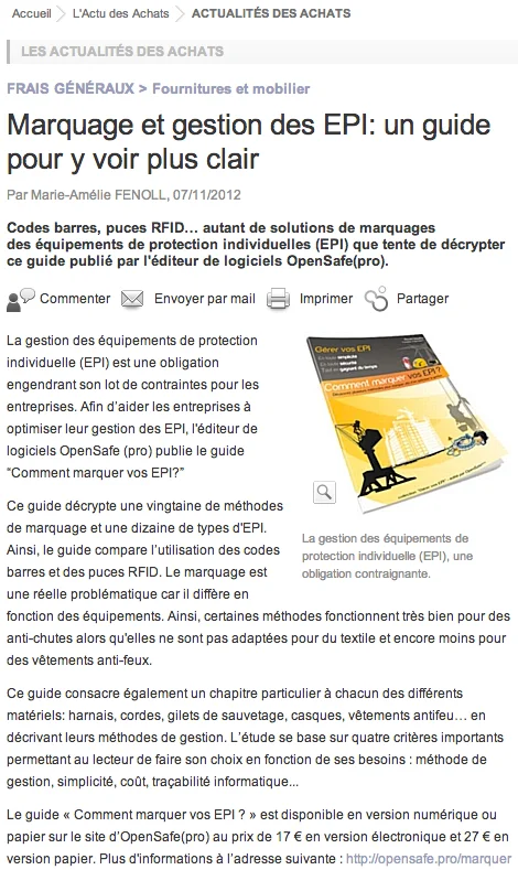 Article presse annonçant guide marquage EPI