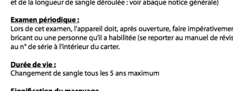 Extrait de la notice d'utilisation de l'enrouleur Miller Falcon : obligation de remplacement de la sangle tous les 5 ans