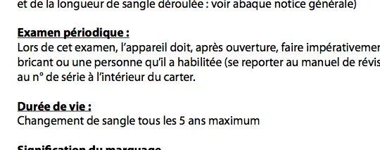 Extrait de la notice d'utilisation de l'enrouleur Falcon imposant la maintenance de cet EPI